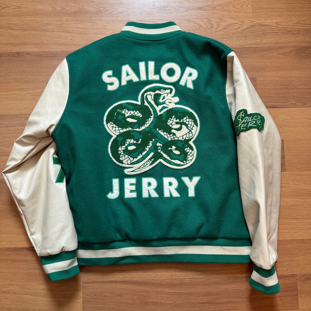 Men's Sailor Jerry Spiced Rum Green Embroidered Quilted Snap Varsity Jacket Sz L